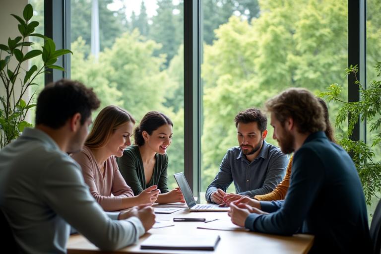 Équipe de consultants collaborant dans un environnement professionnel avec une vue sur la nature, symbolisant Clarté Sylvestre
